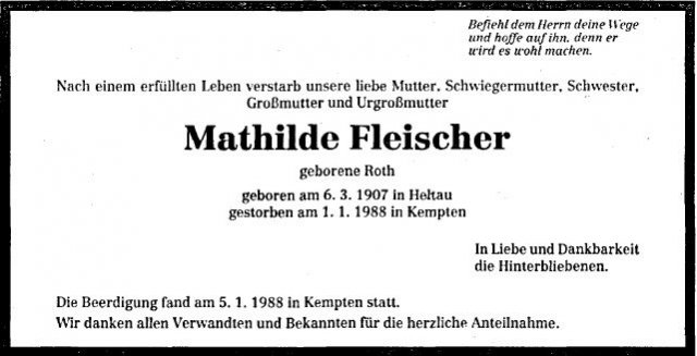 Roth Mathilde 1907-1988 Todesanzeige